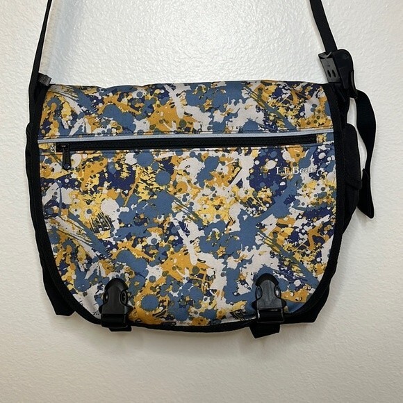 L.L. Bean Black Polyester Laptop Computer Messenger crossbody Bag paint splatter - Picture 3 of 16